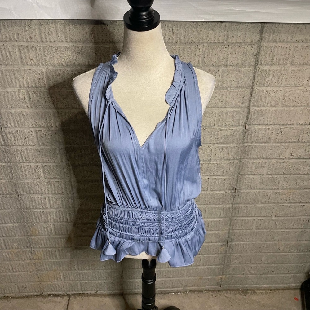 Current Air Light Blue Vneck Ruffled‎ Smocked Satin Sleeveless Blouse Size XS